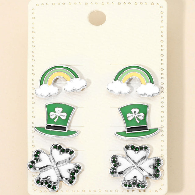 Madeline Love Silver 3Pairs - St Patricks Clover Hat Rainbow Stud Earring Set - Earrings