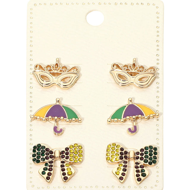 Gold Playful stud earring set inspired by Mardi Gras themed icons, perfect for festive styling and seasonal displays. Designed for easy mix-and-match wear, this set adds fun character to party outfits, parade looks, and boutique collections seeking eye-catching holiday accessories.