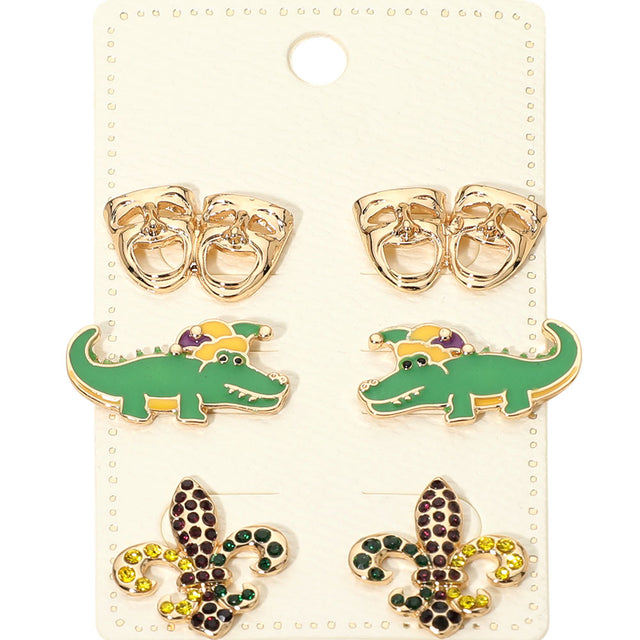 Gold Festive stud earring set featuring classic Mardi Gras inspired icons designed for playful seasonal styling. Ideal for parade outfits, party looks, and themed collections, this versatile set offers mix-and-match appeal that adds personality, celebration energy, and standout charm to any accessory display.