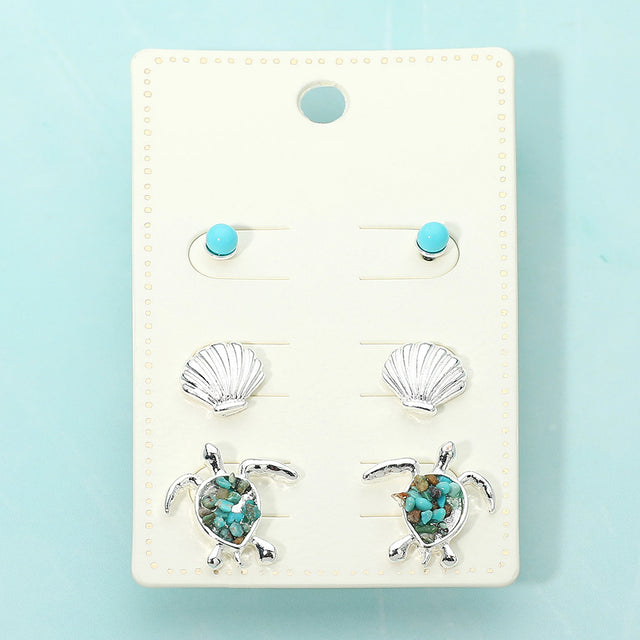 Madeline Love Silver, Turquoise 3Pairs - Sea Shell Sea Turtle Stud Earring Set - Earrings