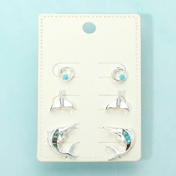 Madeline Love Silver, Turquoise 3Pairs - Whale Tale Fish Stud Earring Set - Earrings