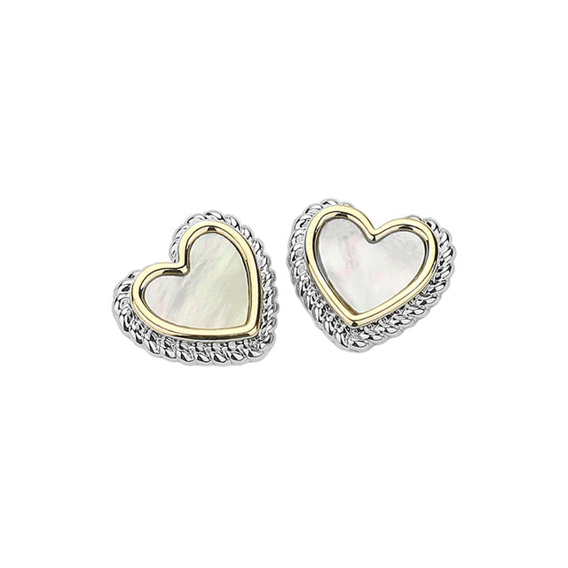 14K Gold Plated Mother Of Pearl Heart Stud Earrings - Mother of Pearl Two Tone - Earrings