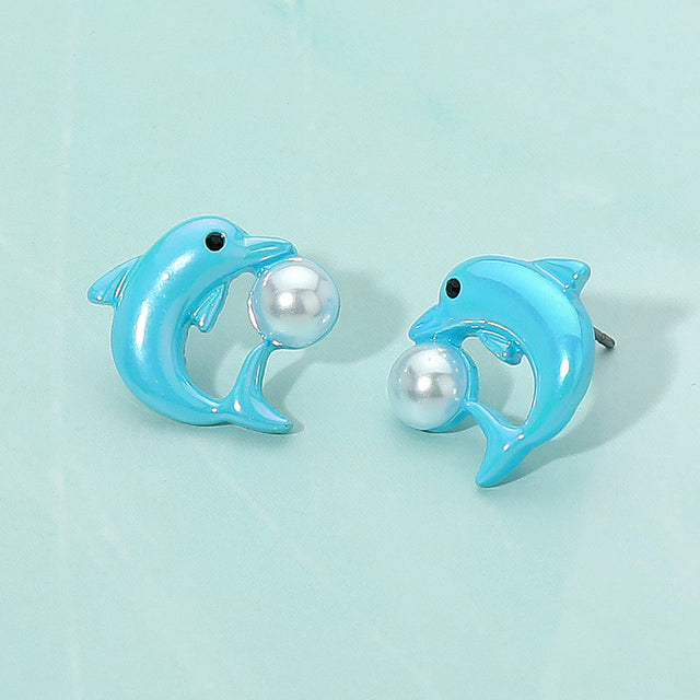 Madeline Love Cream, Turquoise Faux Pearl Accent Playful Dolphin Stud Earrings