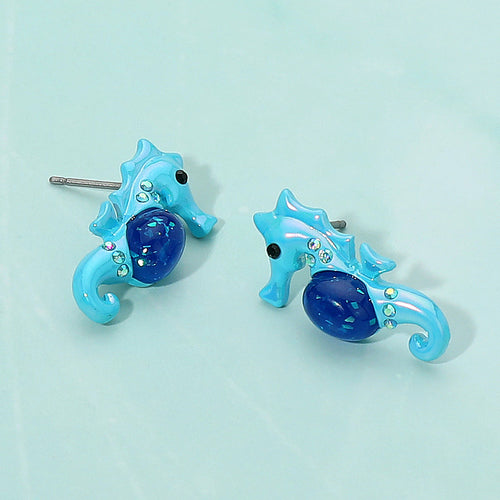 Seahorse Stud Earrings - Blue, Turquoise