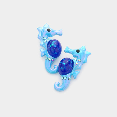 Seahorse Stud Earrings - Blue