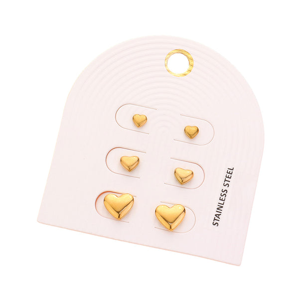 3PAIRS - Stainless Steel Heart Stud Earrings Set