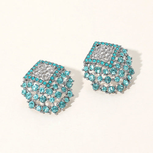Crystal Embellished Stud Earrings - Aqua, Rhodium