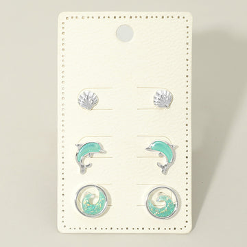 Madeline Love Silver 3Pairs - Ocean Theme Shell Dolphin Wave Stud Earring Set - Earrings