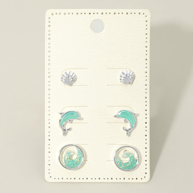 Madeline Love Silver 3Pairs - Ocean Theme Shell Dolphin Wave Stud Earring Set - Earrings