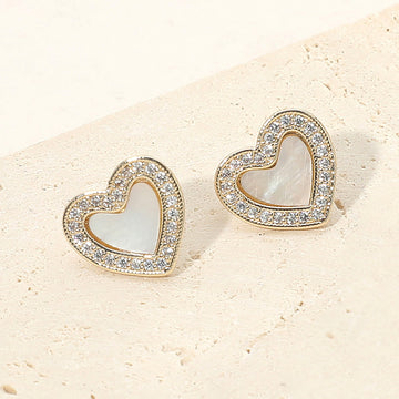 Madeline Love Gold, Mother of Pearl 14K Gold Plated CZ Stone Pave Rim Mother of Pearl Heart Stud Earrings