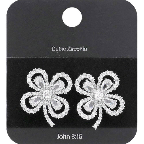 CZ Stone Paved Clover Stud Earrings - Clear, Rhodium