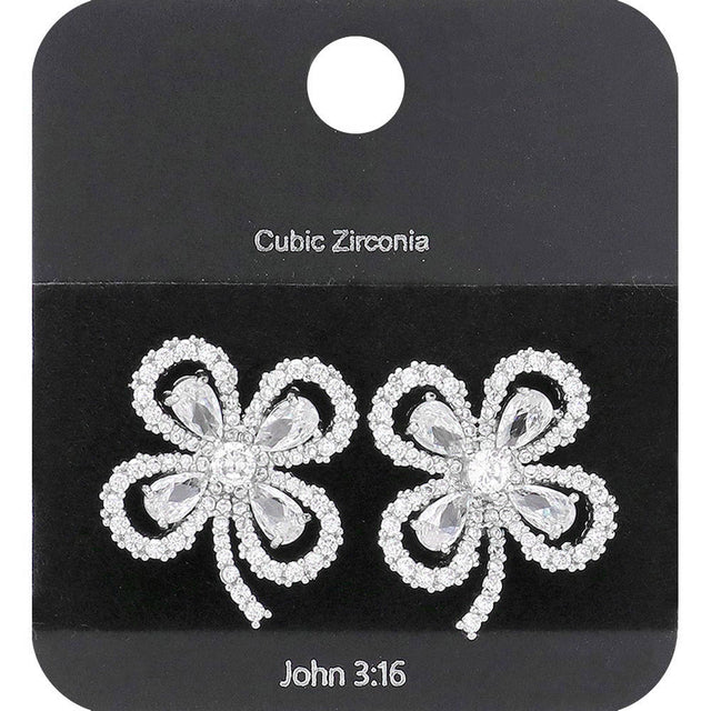 Madeline Love Clear, Rhodium CZ Stone Paved Clover Stud Earrings