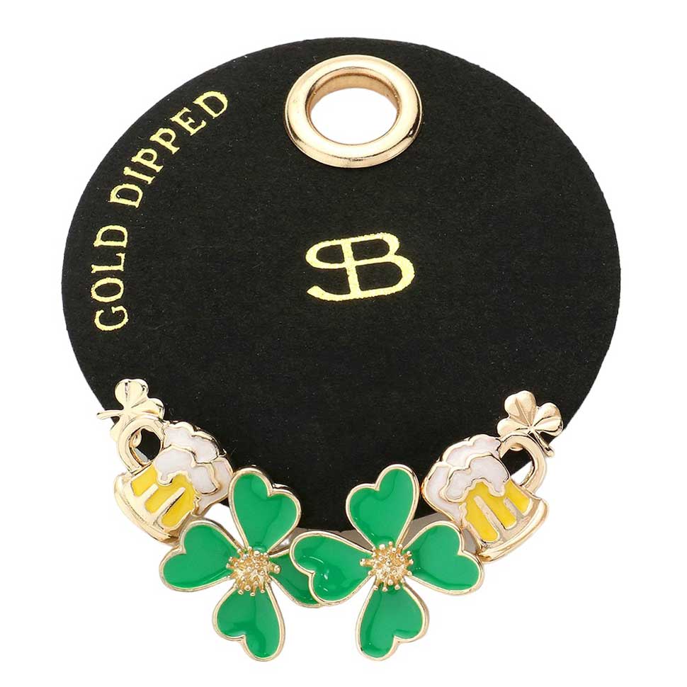 SECRET BOX Gold Dipped St Patricks Day Shamrock Clover Beer 3 Pairs Stud Earrings, Experience the luck of the Irish with these earrings. These are perfect for celebrating the holiday in style. Get three pairs in one set, ensuring you have a unique and festive look for any St. Patrick's Day occasion.
