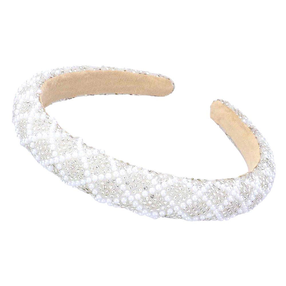AB Pearl Embellished Bling Padded Headband, Add a touch of glamour to your hair with our headband. The elegant pearls and sparkling embellishments elevate any hairstyle, while the soft padding provides comfortable wear. Perfect for any occasion, this headband is a must-have accessory for a luxurious and sophisticated look