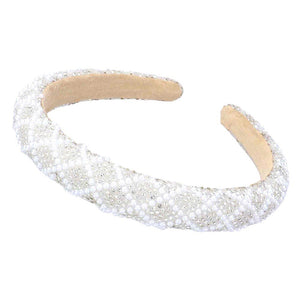 Silver Pearl Embellished Bling Padded Headband, Add a touch of glamour to your hair with our headband. The elegant pearls and sparkling embellishments elevate any hairstyle, while the soft padding provides comfortable wear. Perfect for any occasion, this headband is a must-have accessory for a luxurious and sophisticated look