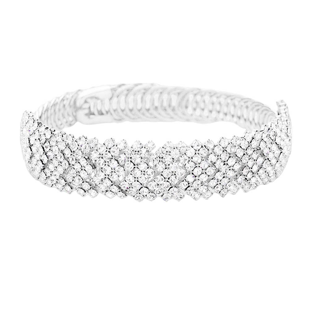 Silver Rhinestone Pave Adjustable Evening Bracelet, this chick bracelet features a classic design with sparkling rhinestone pave, perfect for formal occasions. The adjustable band allows for the perfect fit and can be easily adjusted for a comfortable wear. An elegant addition to any formal wardrobe.