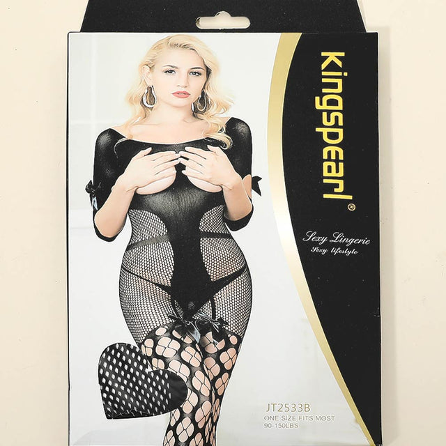 Madeline Love Black Bow Accent Cutout Mesh Fishnet Garter Bodystocking - Jewelry