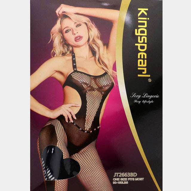 Madeline Love Black Square Studded Fishnet Bodystocking - Jewelry