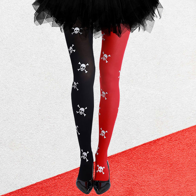 Madeline Love Black, Red Skull Patterned Two Tone Halloween Costume Tights - Jewelry
