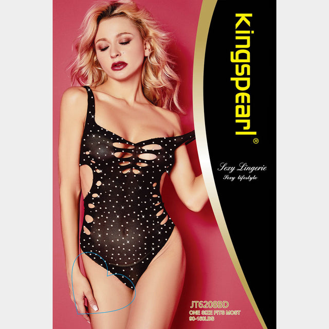 Madeline Love Black Rhinestone Embellished Cutout Fishnet Body Stocking - Jewelry