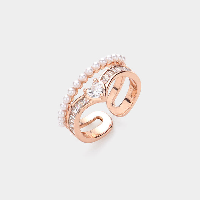 Heart Stone Pointed Pearl Paved Layered Ring - Rose Gold