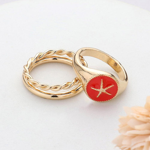 Coral 2PCS - Starfish Accented Enamel Round Split Metal Mixed Ring Set