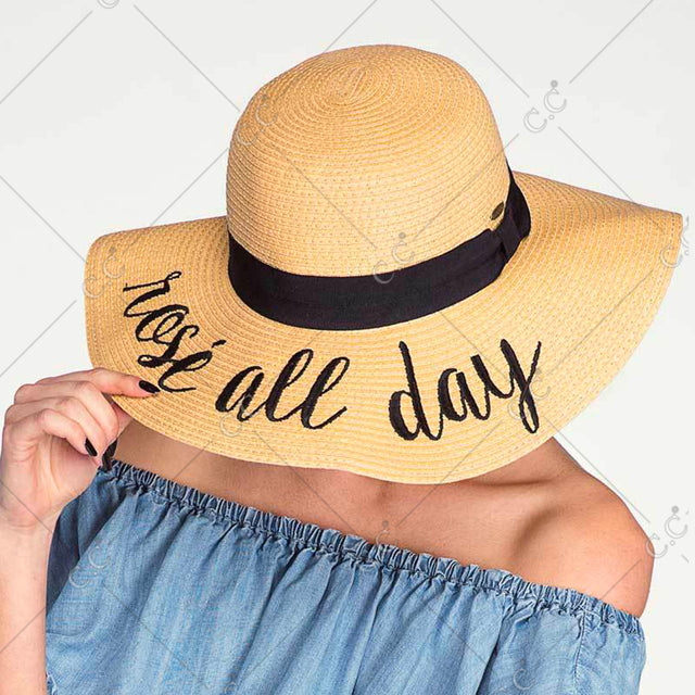 C.C Paper Brim Straw Hat With Lettering And Ribbon Band 100% Paper Straw - Brim Hats