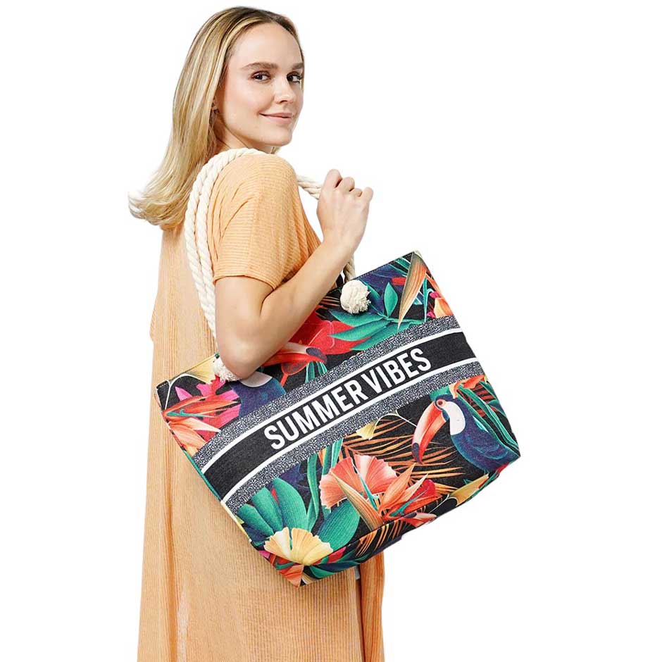 SUMMER VIBES Message Tropical Beach Bag Tote Bag, Make a statement this summer with our summer tote. Designed with a vibrant and fun message, this bag is perfect for carrying all your beach essentials. Carry your summer vibes with you wherever you go with this stylish and functional tote bag.