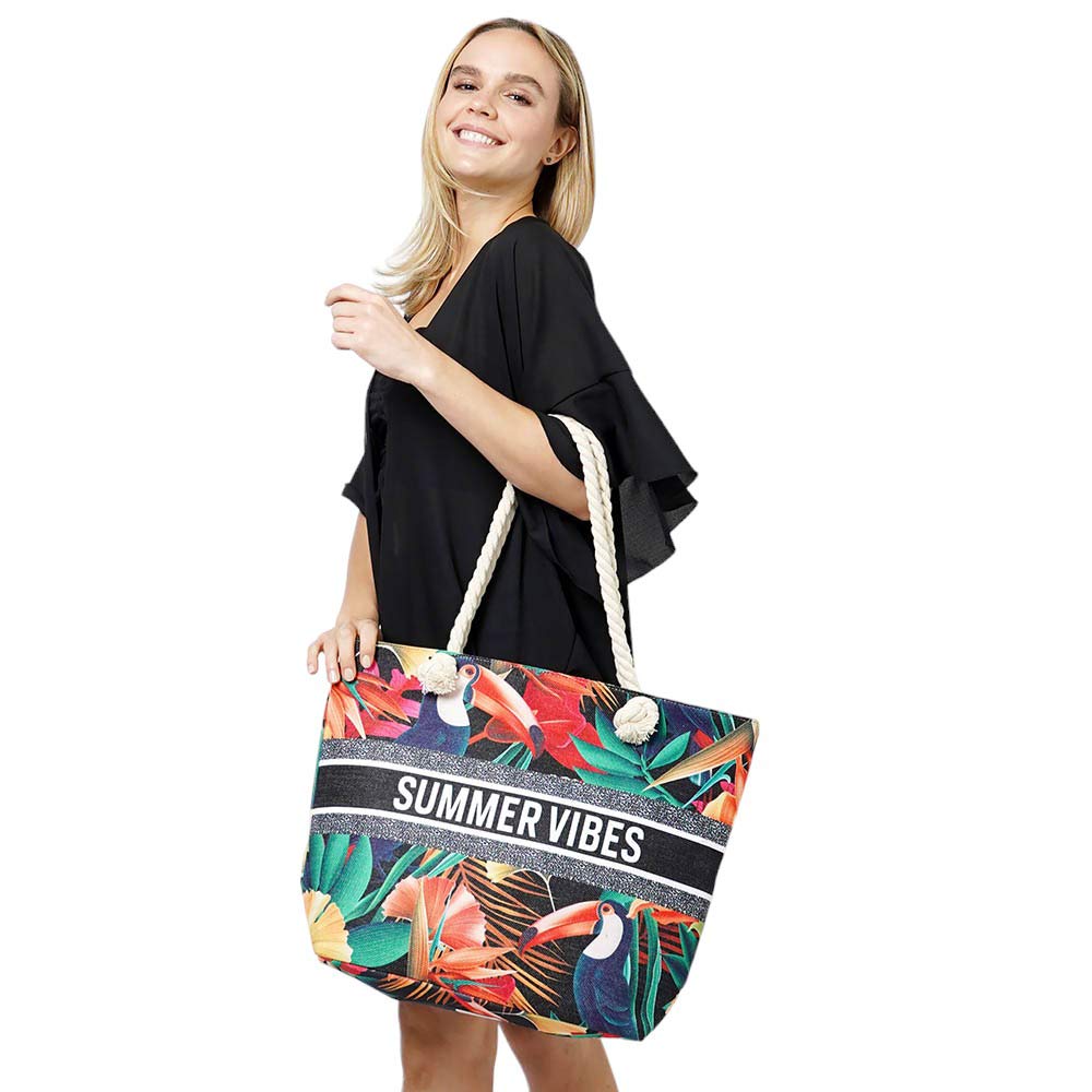 SUMMER VIBES Message Tropical Beach Bag Tote Bag, Make a statement this summer with our summer tote. Designed with a vibrant and fun message, this bag is perfect for carrying all your beach essentials. Carry your summer vibes with you wherever you go with this stylish and functional tote bag.