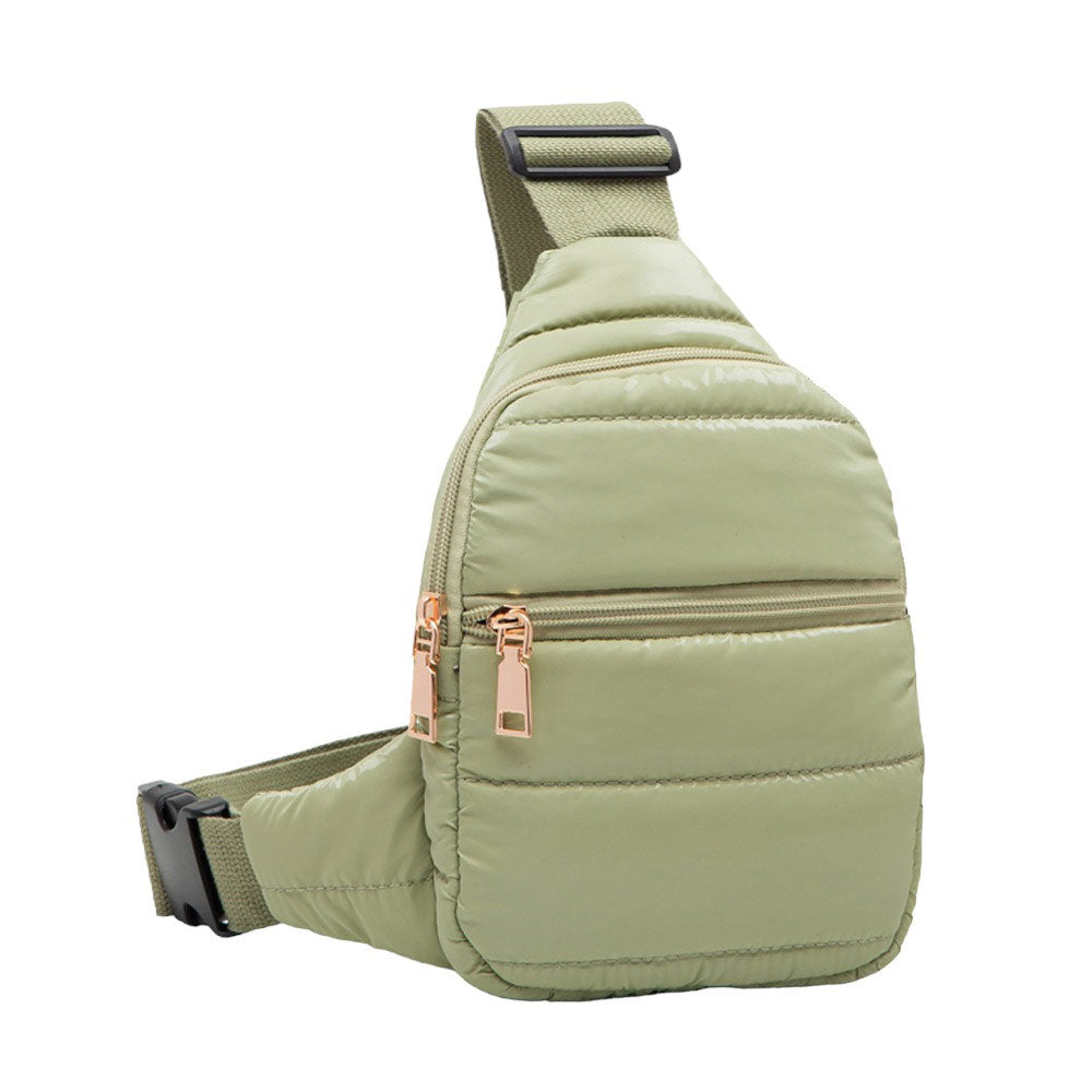 Sage Green Solid Puffer Mini Sling Bag, be the ultimate fashionista while carrying this Solid Puffer Sling bag in style. It's great for carrying small and handy things. Keep your keys handy & ready for opening doors as soon as you arrive. The adjustable lightweight features room to carry what you need for long walks or trips.