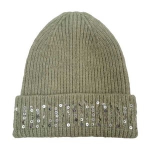 Sage Green Solid Ribbed Sequin Cuff Beanie Hat, is perfect for staying warm and stylish in cold weather. Its ribbed knit construction and sequin cuff add structure and texture, while providing warmth and comfort. It is lightweight and easy to pack, making it an ideal accessory for any cold-weather excursion or an exquisite gift.