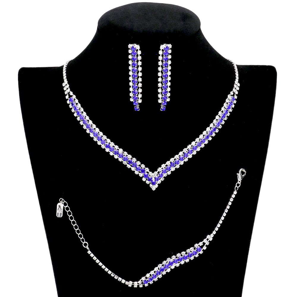 Sapphire 3PCS Round Stone Detail Rhinestone Necklace Jewelry Set, get ready with this rhinestone jewelry set to receive the best compliments on any special occasion. This classy rhinestone necklace is perfect for parties, weddings, and evenings. Awesome gift for birthdays, anniversaries, Valentine’s Day or any special occasion.