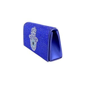 Sapphire Bling Evil Eye Hamsa Hand Evening Clutch Crossbody Bag, is beautifully designed and fit for all special occasions & places. Perfect for makeup, money, credit cards, keys or coins, and many more things. This bling evil eye crossbody bag feature contains a detachable shoulder chain and magnetic closure that makes your life easier and trendier.