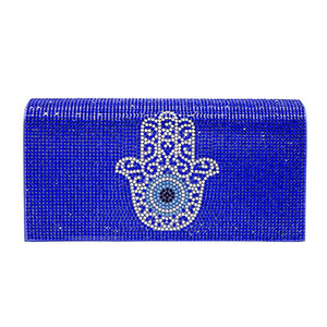 Sapphire Bling Evil Eye Hamsa Hand Evening Clutch Crossbody Bag, is beautifully designed and fit for all special occasions & places. Perfect for makeup, money, credit cards, keys or coins, and many more things. This bling evil eye crossbody bag feature contains a detachable shoulder chain and magnetic closure that makes your life easier and trendier.
