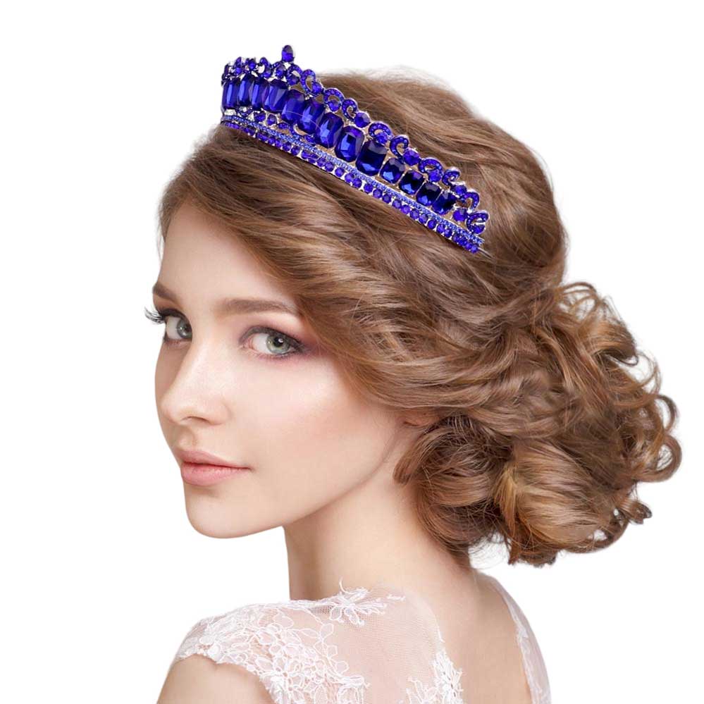 Sapphire Emerald Cut Princess Tiara, This tiara features precious stones and an artistic design. Makes you more eye-catching in the crowd. A stunning tiara that can be a perfect bridal headpiece made you look like a princess. Perfect for adding just the right amount of shimmer & shine, will add a touch of class, beauty and style to your wedding. This tiara is suitable for Wedding, Engagement, Prom, Dinner Party, Birthday Party, Any Occasion you want to be more charming.