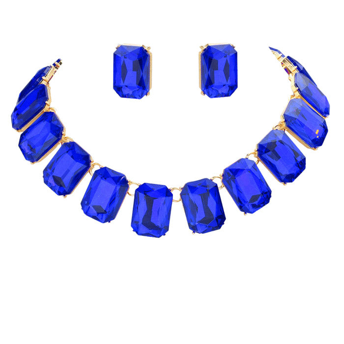 Sapphire Emerald Cut Stone Link Evening Necklace Earring Set, This gorgeous jewelry set will show your class on any special occasion. The elegance of these stones goes unmatched, great for wearing at a party! stunning jewelry set will sparkle all night long making you shine like a diamond on special occasions.