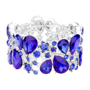 Sapphire Glass Crystal Teardrop Floral Stretch Evening Bracelet, this timeless evening bracelet is designed with stunning craftsmanship, featuring an intricate floral pattern on a crystal teardrop centerpiece. This is the perfect gift, especially for your friends, family, and the people you love and care about.