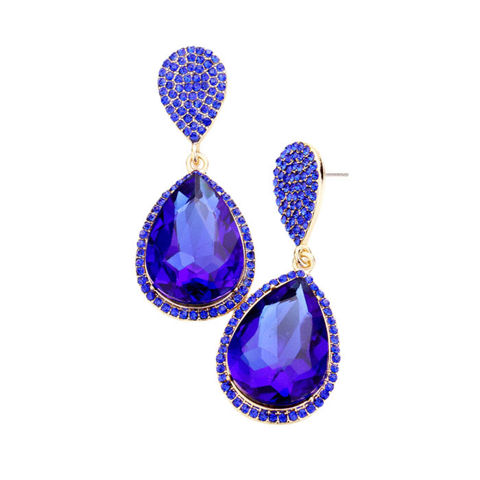 Sapphire Emerald Glass Crystal Teardrop Rhinestone Trim Evening Earrings, put on a pop of color to complete your ensemble. Beautifully crafted design adds a gorgeous glow to any outfit. Perfect jewelry gift to expand a woman's fashion wardrobe with a modern, on trend style. Perfect for Birthday Gift, Anniversary Gift, Mother's Day Gift, Graduation Gift, Valentine's Day Gift.