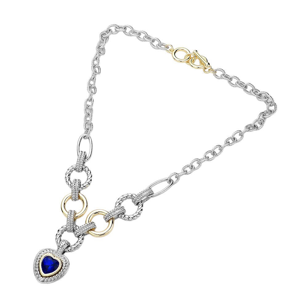 Sapphire Heart Stone Pointed Charm Two Tone Textured Metal Link Toggle Necklace, This elegant necklace features a unique two tone design and textured metal links. The toggle closure adds a touch of modernity to the classic charm, making it a versatile accessory for any occasion. A perfect jewelry gift accessory for loved one.