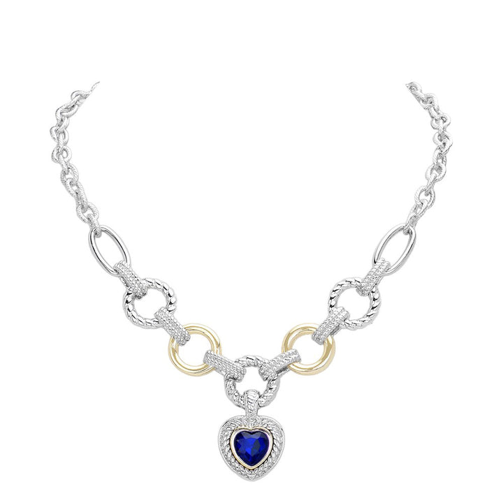 Sapphire Heart Stone Pointed Charm Two Tone Textured Metal Link Toggle Necklace, This elegant necklace features a unique two tone design and textured metal links. The toggle closure adds a touch of modernity to the classic charm, making it a versatile accessory for any occasion. A perfect jewelry gift accessory for loved one.