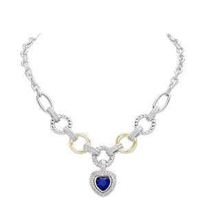 Sapphire Heart Stone Pointed Charm Two Tone Textured Metal Link Toggle Necklace, This elegant necklace features a unique two tone design and textured metal links. The toggle closure adds a touch of modernity to the classic charm, making it a versatile accessory for any occasion. A perfect jewelry gift accessory for loved one.