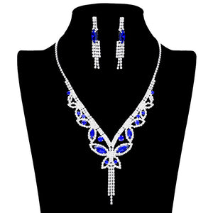 Sapphire Marquise Round Stone Butterfly Rhinestone Jewelry Set, is crafted using marquise stones and delicate rhinestones, perfect for adding some sparkle to your look. The set includes an adjustable necklace, earrings, and bracelet, making it a perfect accessory for any special occasion outfit. Perfect gift idea.