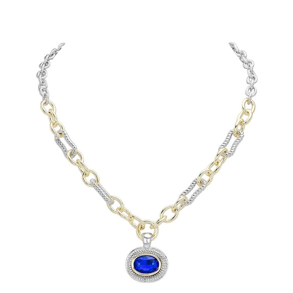 Sapphire Oval Stone Cluster Pendant Two Tone Chunky Chain Necklace is the perfect accessory for any outfit. With its unique design featuring an oval stone cluster pendant and two tone chunky chain, it adds a touch of elegance and sophistication. Made with high-quality materials, this necklace is durable and long-lasting.
