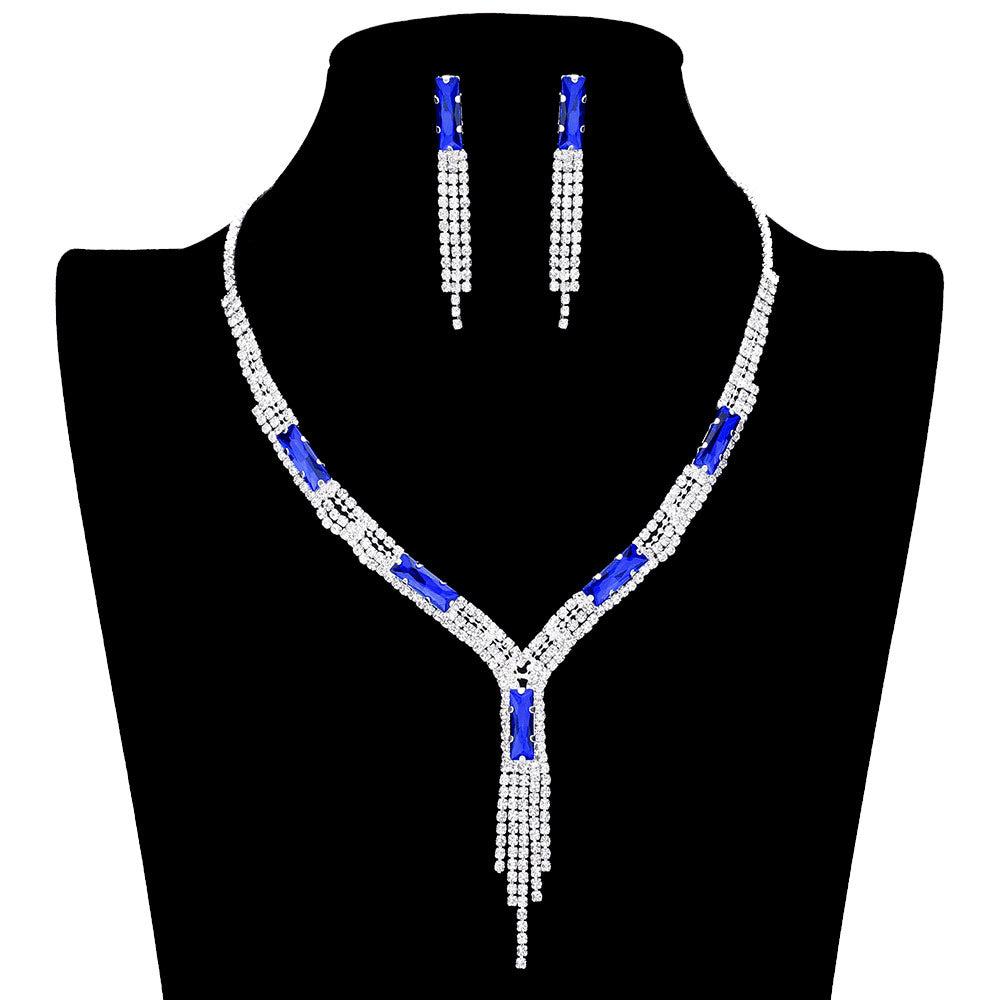 Sapphire Rectangle Stone Accented Rhinestone Fringe Tip Jewelry Set, perfect for adding a touch of elegance to any special occasion outfit. Featuring a beautiful rectangle stone accent, this necklace and earring set will be a unique addition to any jewelry collection. Perfect gift choice for loved ones on any special day.