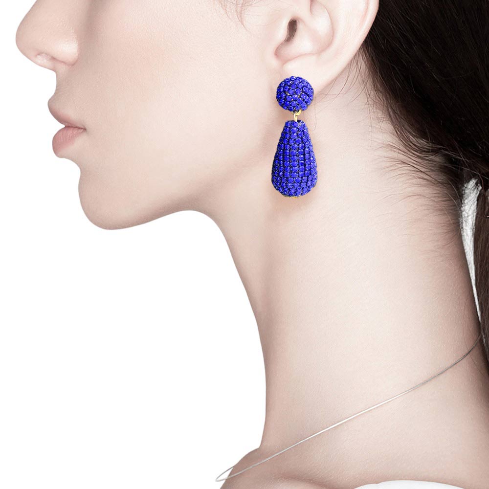 Sapphire Rhinestone Teardrop Dangle Evening Earrings, Elevate your evening look with these elegant earrings. Crafted with luxurious rhinestone crystals, these earrings will add a touch of sparkling glamour to your special occasion wardrobe. Perfect for any occasion or evening party, these earrings will complete any look.