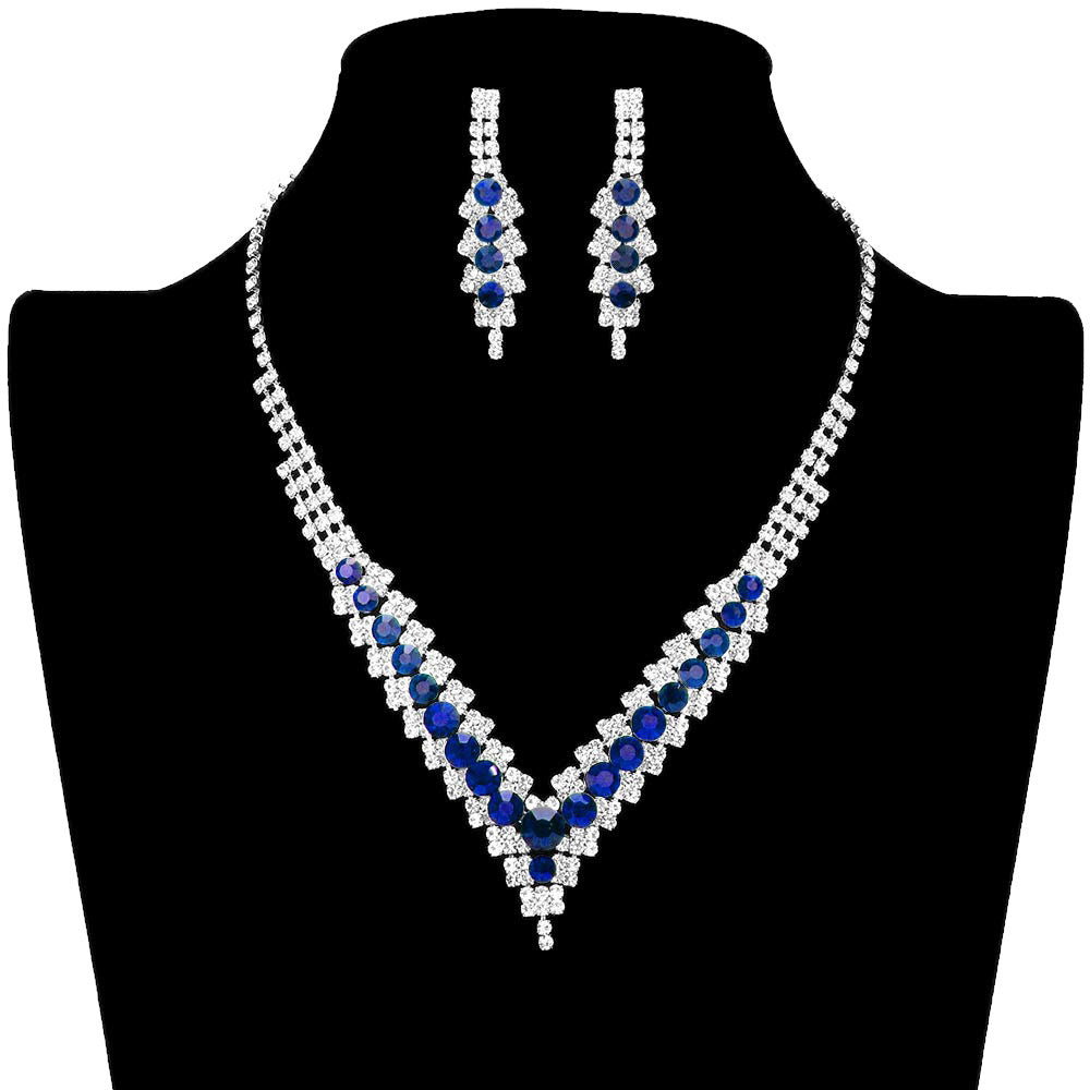 Sapphire Silver V-Neck Collar Rhinestone Necklace, Adorn yourself with this eye-catching V-Neck Collar Rhinestone Necklace set. The elegant design features a delicate pattern of rhinestones that adds a touch of sparkle and shine to any outfit. Subtle yet stunning, this jewelry set is perfect for special occasions or everyday wear.