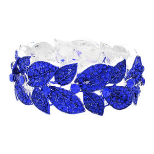 Sapphire Stone Paved Leaf Linked Stretch Evening Bracelet, Crafted of high-quality stones and metal alloy, this unique bracelet features intricately linked leaves, connected with a stretchable band to provide a secure fit. Accessorize your special occasion wear with this stunning design for an eye-catching look.