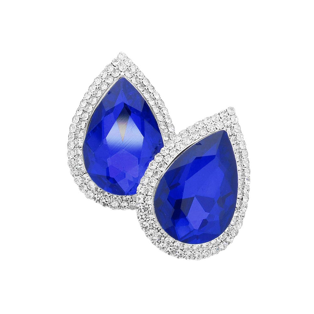 Sapphire Teardrop Stone Accented Evening Earrings, featuring Gorgeous evening earrings and teardrop stones accented with sparkling crystals. Crafted with attention to detail, these earrings will add a touch of glamour to any attire. These unique designed earrings are suitable as gifts for wives, girlfriends, and mothers.