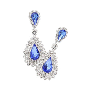 Sapphire Teardrop Stone Dangle Evening Earrings, Make an elegant statement with these stunning pieces. Crafted with an intricate pattern, these earrings feature a teardrop-shaped stone in the center, suspended from a narrow hoop and finished with dangle details. Perfect for special occasions or making timeless gifts!