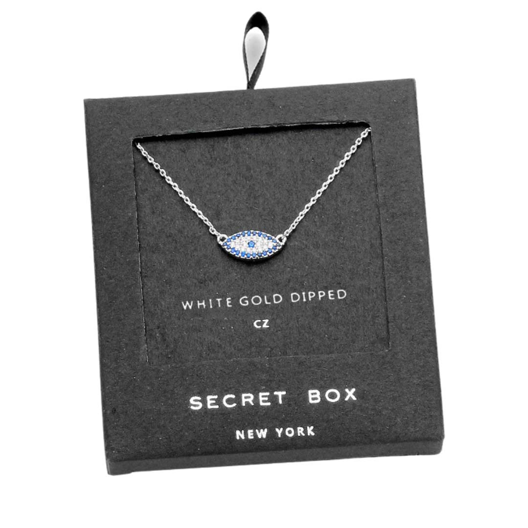 Sapphire White Gold Secret Box White Gold Dipped CZ Evil Eye Pendant Necklace, will surely amp up your beauty and show your perfect class anywhere, any time. Perfect Birthday Gift, Anniversary Gift, Mother's Day Gift, Anniversary Gift, Graduation Gift, Prom Jewelry, Just Because Gift, Thank You Gift, or Charm Necklace. Stay beautiful.